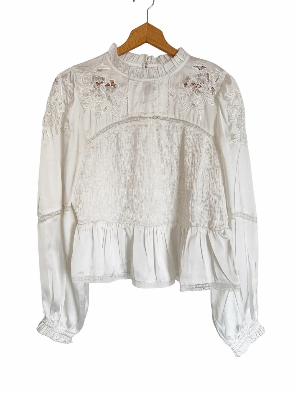 Anthropologie Long Sleeve White Smocked Boho Romantic Blouse size XL